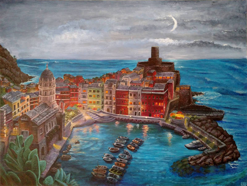 Kenneth Gomez Art acrylic painting Harbour Night and Storm